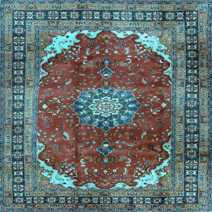 Square Machine Washable Medallion Light Blue Traditional Rug, wshtr2879lblu
