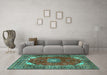 Machine Washable Medallion Turquoise Traditional Area Rugs in a Living Room,, wshtr2879turq