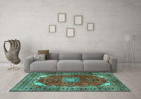 Machine Washable Medallion Turquoise Traditional Rug, wshtr2879turq