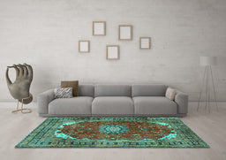 Machine Washable Medallion Turquoise Traditional Area Rugs in a Living Room,, wshtr2879turq