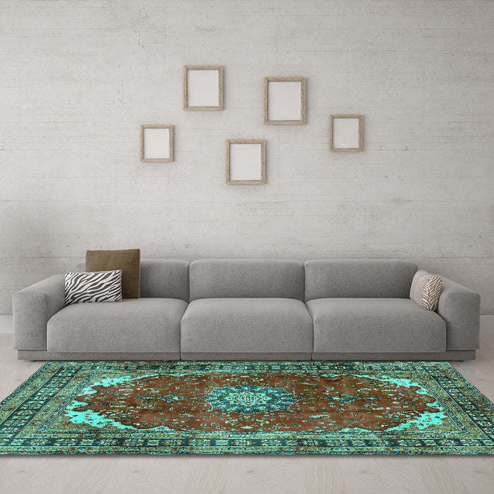 Machine Washable Medallion Turquoise Traditional Area Rugs in a Living Room,, wshtr2879turq