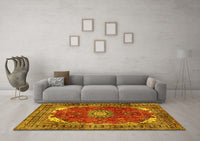 Machine Washable Medallion Yellow Traditional Rug, wshtr2879yw