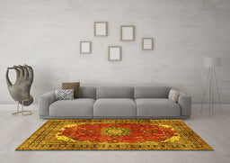 Machine Washable Medallion Yellow Traditional Rug in a Living Room, wshtr2879yw