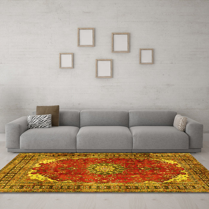 Machine Washable Medallion Yellow Traditional Rug in a Living Room, wshtr2879yw
