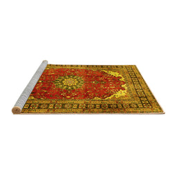Sideview of Machine Washable Medallion Yellow Traditional Rug, wshtr2879yw
