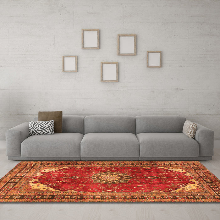 Machine Washable Medallion Orange Traditional Area Rugs in a Living Room, wshtr2879org
