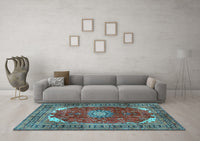 Machine Washable Medallion Light Blue Traditional Rug, wshtr2879lblu