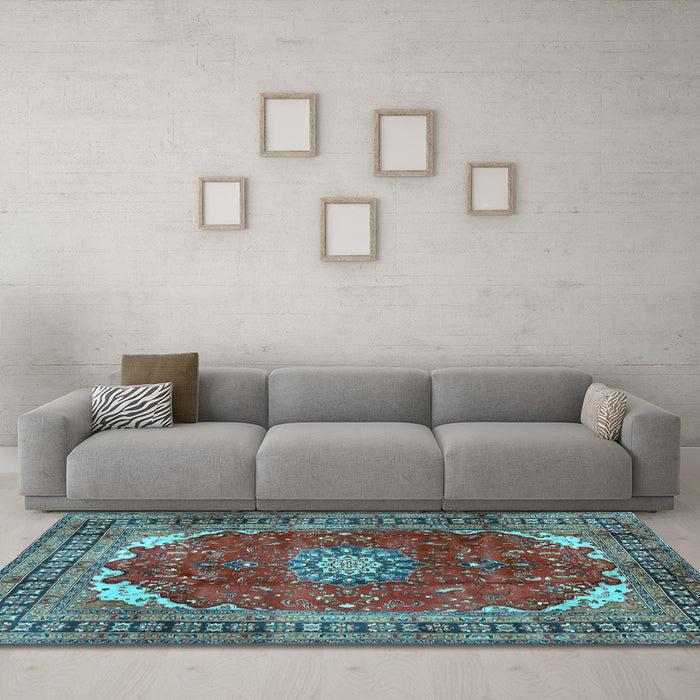 Machine Washable Medallion Light Blue Traditional Rug in a Living Room, wshtr2879lblu