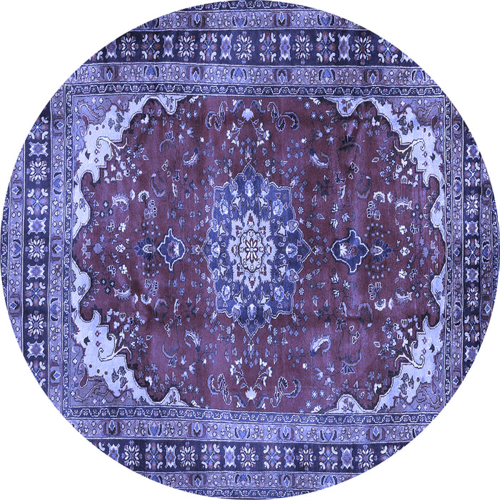 Round Machine Washable Medallion Blue Traditional Rug, wshtr2879blu