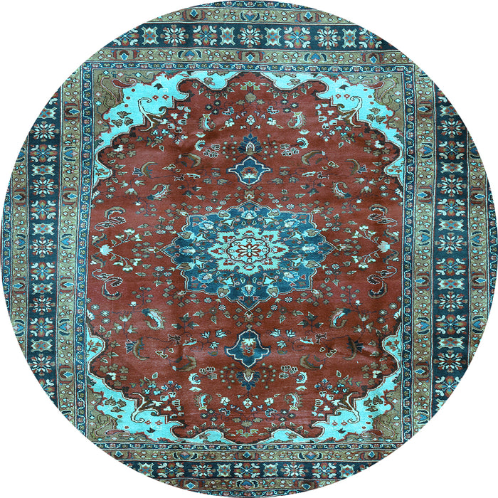 Round Machine Washable Medallion Light Blue Traditional Rug, wshtr2879lblu