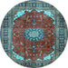 Round Machine Washable Medallion Light Blue Traditional Rug, wshtr2879lblu