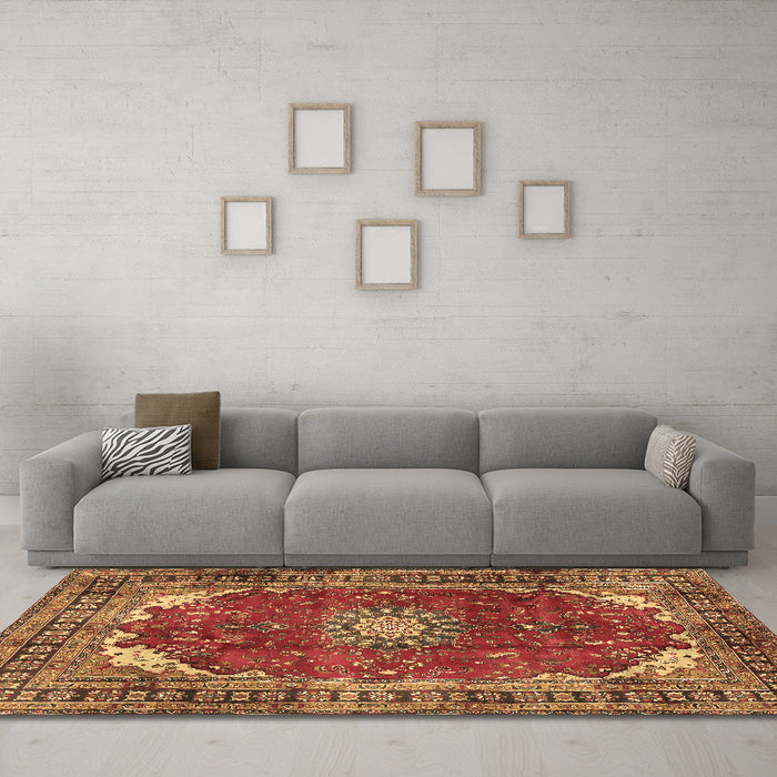 Machine Washable Medallion Brown Traditional Rug in a Living Room,, wshtr2879brn