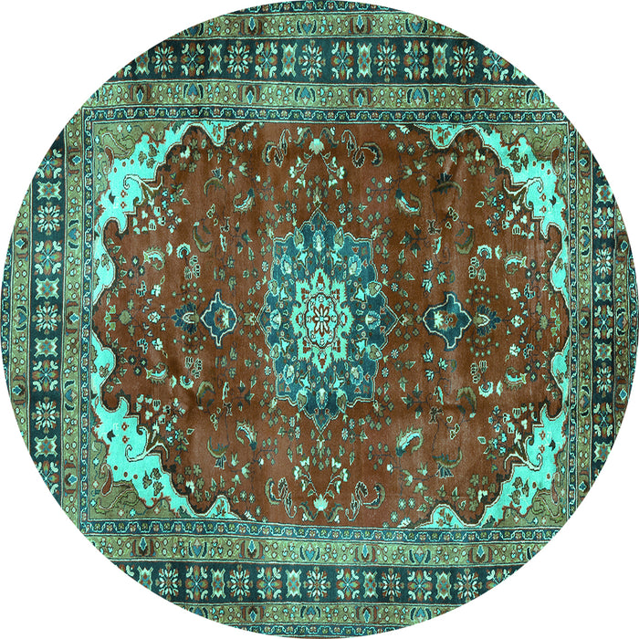 Round Machine Washable Medallion Turquoise Traditional Area Rugs, wshtr2879turq