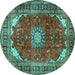 Round Machine Washable Medallion Turquoise Traditional Area Rugs, wshtr2879turq