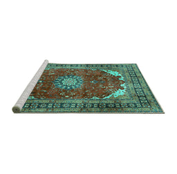 Sideview of Machine Washable Medallion Turquoise Traditional Area Rugs, wshtr2879turq