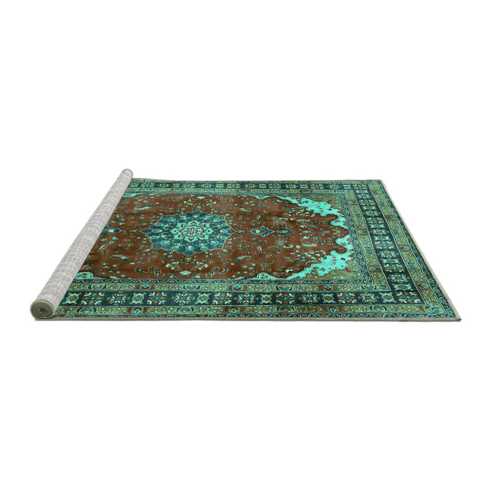 Sideview of Machine Washable Medallion Turquoise Traditional Area Rugs, wshtr2879turq