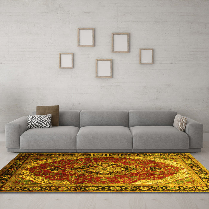 Machine Washable Persian Yellow Traditional Rug in a Living Room, wshtr287yw