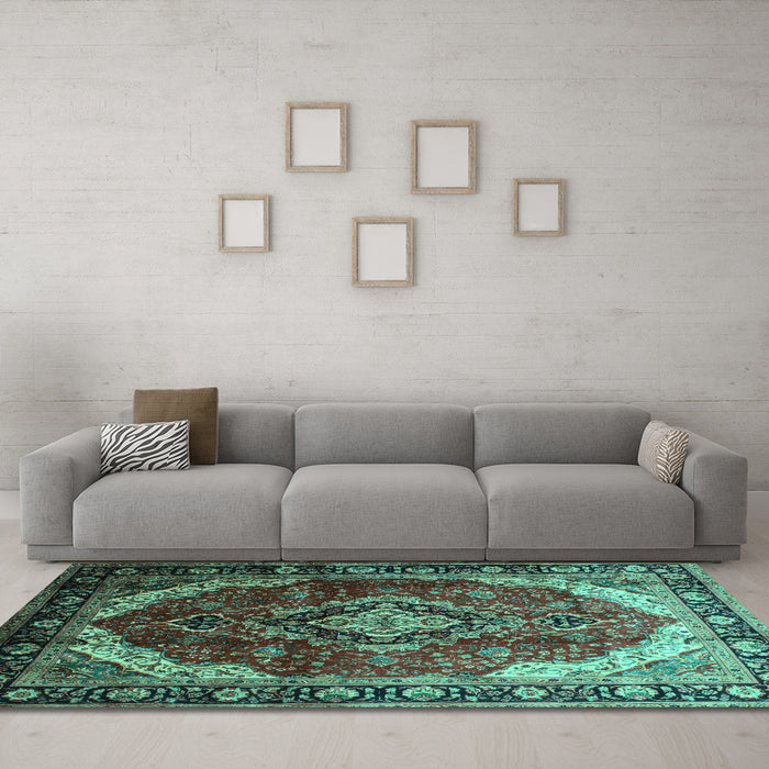 Machine Washable Persian Turquoise Traditional Area Rugs in a Living Room,, wshtr287turq