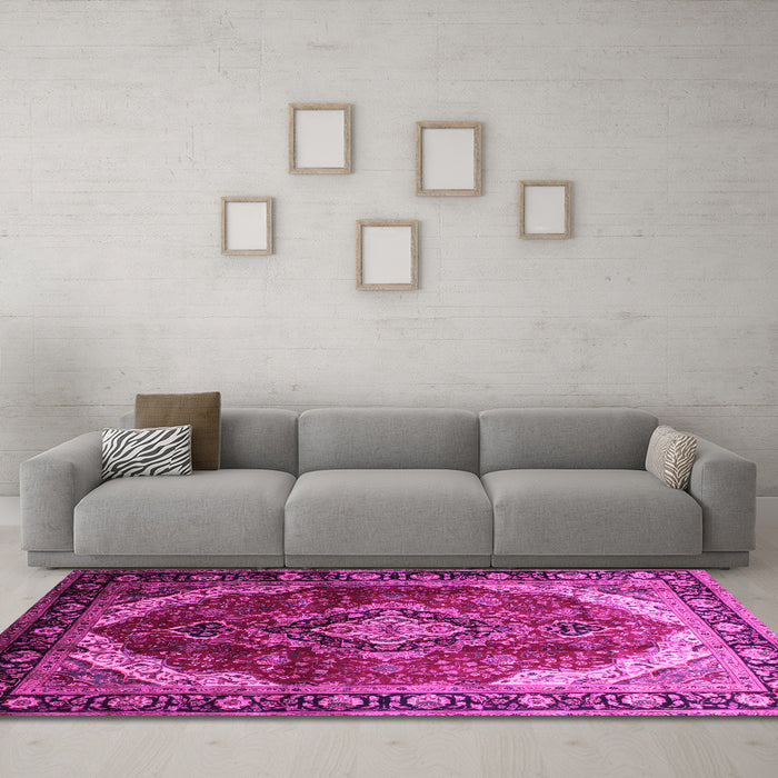 Machine Washable Persian Pink Traditional Rug in a Living Room, wshtr287pnk