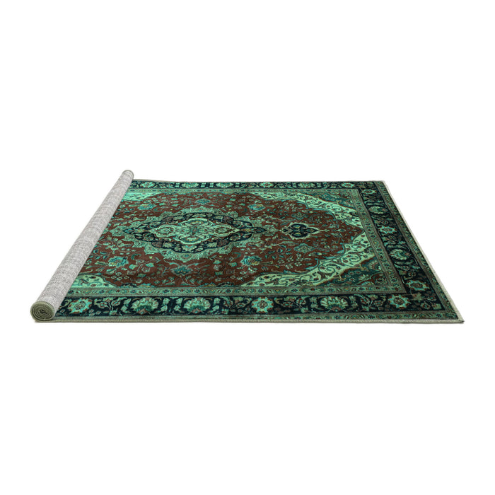 Sideview of Machine Washable Persian Turquoise Traditional Area Rugs, wshtr287turq