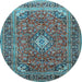 Round Machine Washable Medallion Light Blue Traditional Rug, wshtr2880lblu