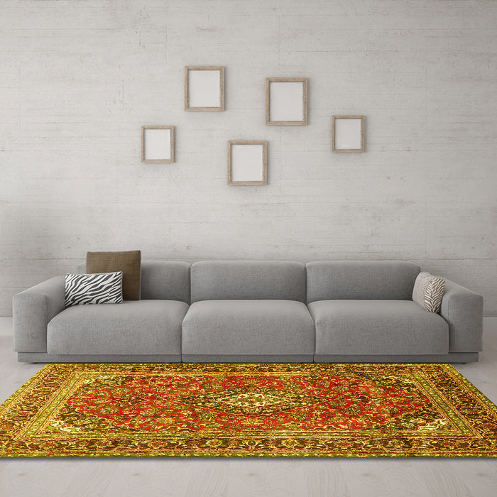 Machine Washable Medallion Yellow Traditional Rug in a Living Room, wshtr2880yw