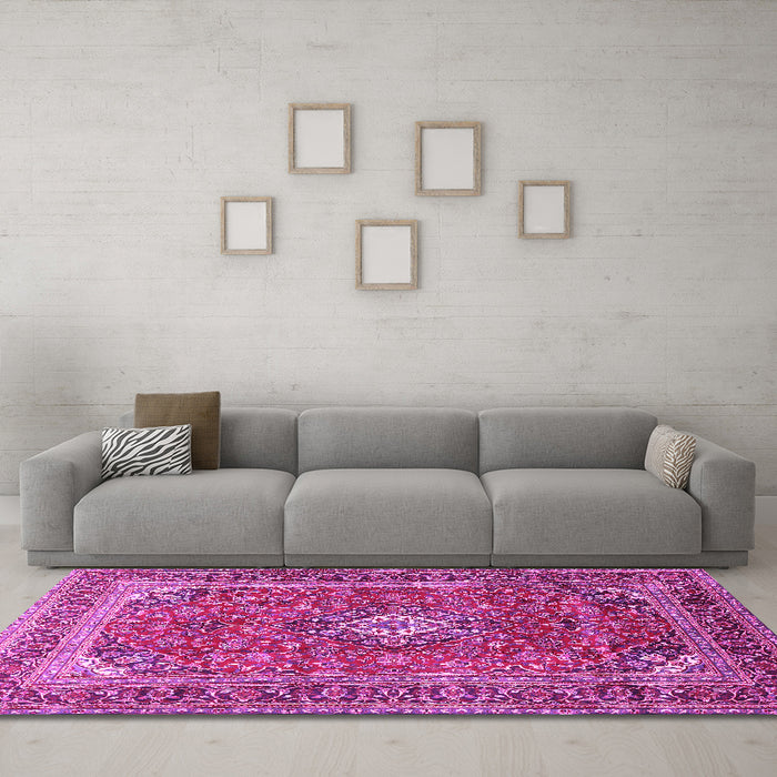 Machine Washable Medallion Pink Traditional Rug in a Living Room, wshtr2880pnk