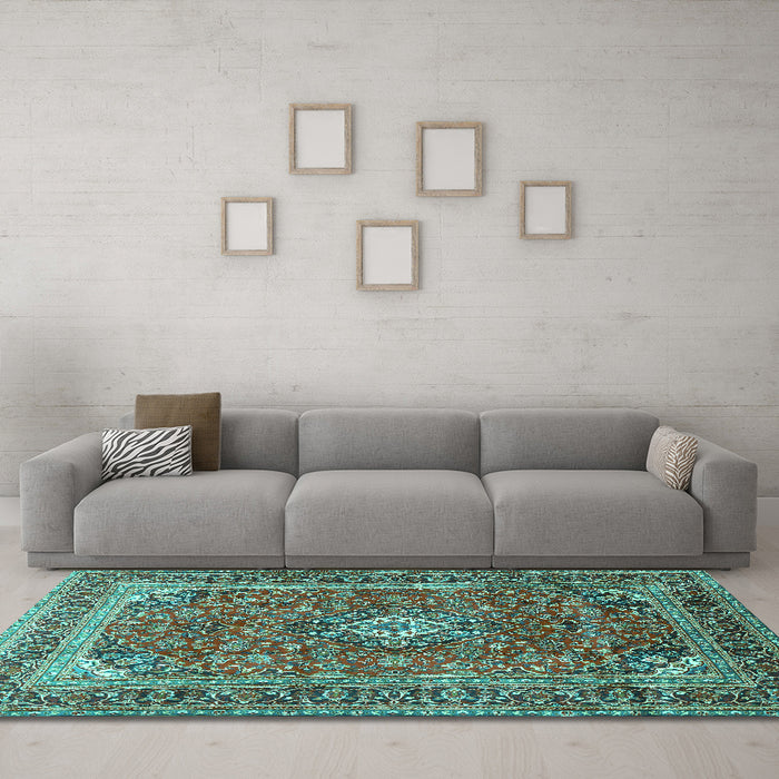 Machine Washable Medallion Turquoise Traditional Area Rugs in a Living Room,, wshtr2880turq