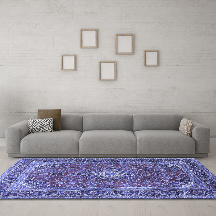 Machine Washable Medallion Blue Traditional Rug in a Living Room, wshtr2880blu