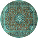 Round Machine Washable Medallion Turquoise Traditional Area Rugs, wshtr2880turq