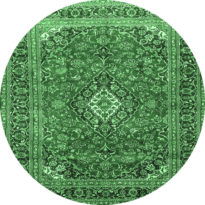 Round Machine Washable Medallion Emerald Green Traditional Area Rugs, wshtr2880emgrn