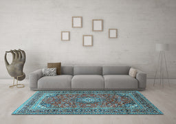 Machine Washable Medallion Light Blue Traditional Rug in a Living Room, wshtr2880lblu