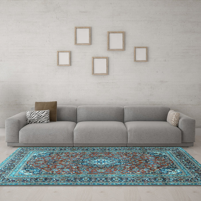 Machine Washable Medallion Light Blue Traditional Rug in a Living Room, wshtr2880lblu