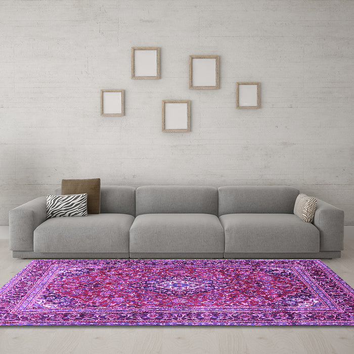 Machine Washable Medallion Purple Traditional Area Rugs in a Living Room, wshtr2880pur