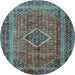 Round Machine Washable Medallion Light Blue Traditional Rug, wshtr2881lblu