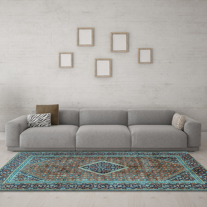 Machine Washable Medallion Light Blue Traditional Rug in a Living Room, wshtr2881lblu