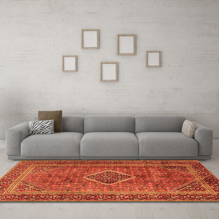 Machine Washable Medallion Orange Traditional Area Rugs in a Living Room, wshtr2881org