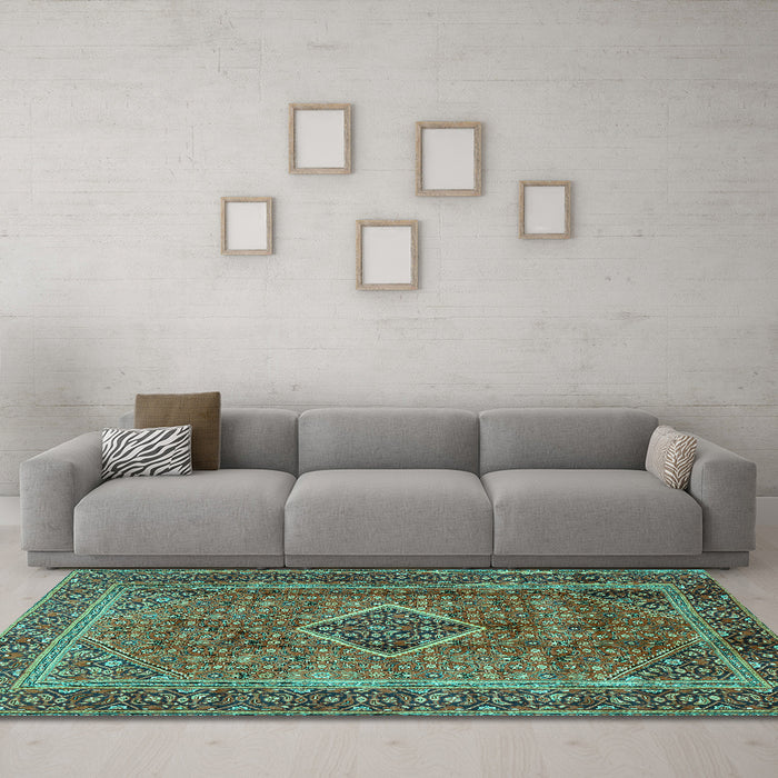 Machine Washable Medallion Turquoise Traditional Area Rugs in a Living Room,, wshtr2881turq