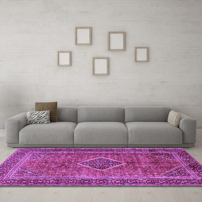 Machine Washable Medallion Purple Traditional Area Rugs in a Living Room, wshtr2881pur