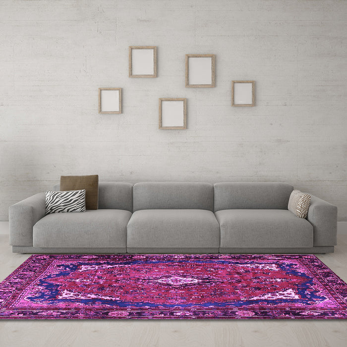 Machine Washable Persian Purple Traditional Area Rugs in a Living Room, wshtr2882pur