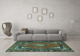 Machine Washable Persian Turquoise Traditional Area Rugs in a Living Room,, wshtr2882turq