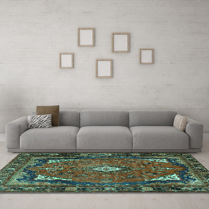 Machine Washable Persian Turquoise Traditional Area Rugs in a Living Room,, wshtr2882turq