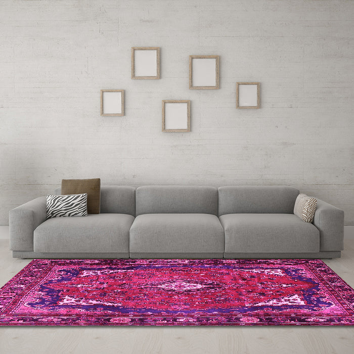 Machine Washable Persian Pink Traditional Rug in a Living Room, wshtr2882pnk