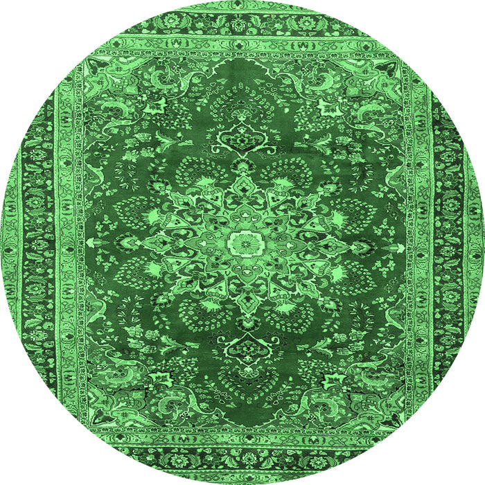 Round Machine Washable Medallion Emerald Green Traditional Area Rugs, wshtr2883emgrn