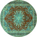 Round Machine Washable Medallion Turquoise Traditional Area Rugs, wshtr2883turq