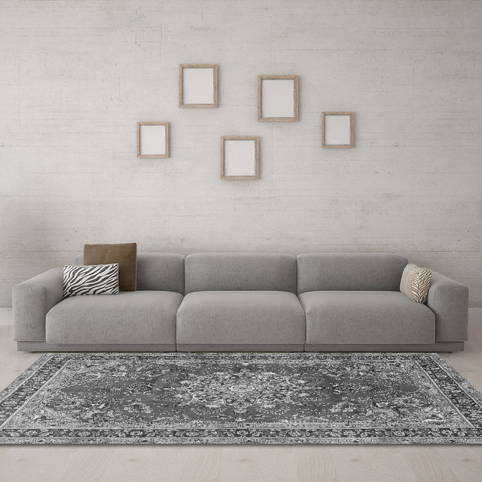 Machine Washable Medallion Gray Traditional Rug in a Living Room,, wshtr2883gry