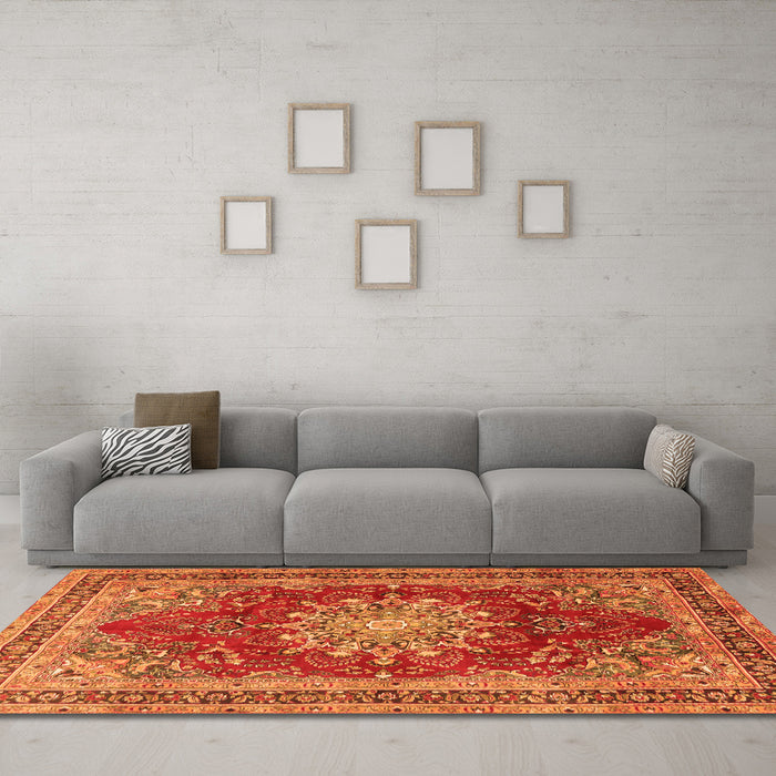 Machine Washable Medallion Orange Traditional Area Rugs in a Living Room, wshtr2883org