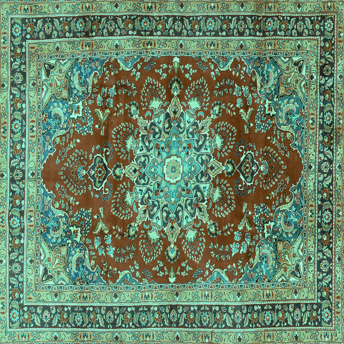 Square Machine Washable Medallion Turquoise Traditional Area Rugs, wshtr2883turq