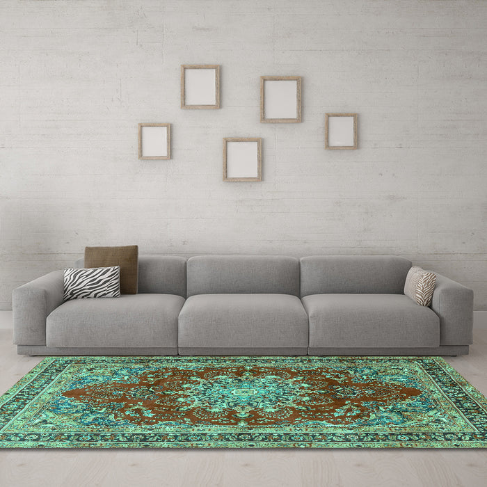 Machine Washable Medallion Turquoise Traditional Area Rugs in a Living Room,, wshtr2883turq