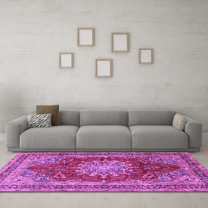 Machine Washable Medallion Purple Traditional Area Rugs in a Living Room, wshtr2883pur